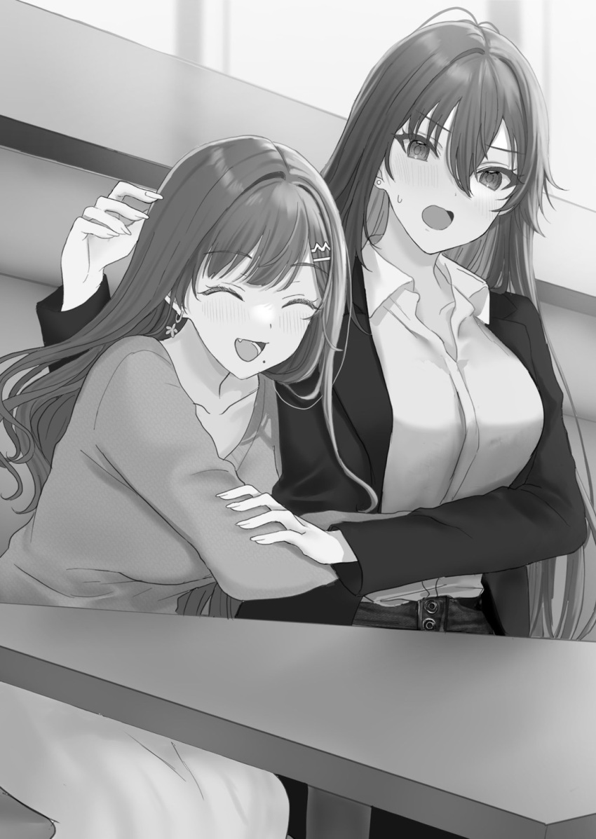 2girls blush closed_eyes collarbone collared_shirt commentary_request greyscale hair_between_eyes hamu_(plot_sy) highres hug jacket long_hair long_sleeves mole mole_under_mouth monochrome multiple_girls open_clothes open_jacket open_mouth original shirt shirt_tucked_in smile