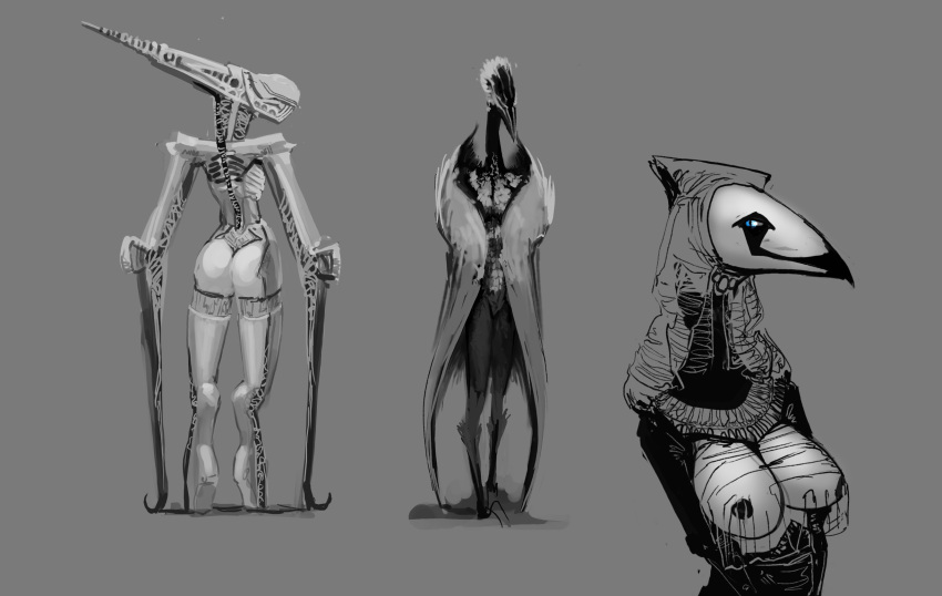 anthro areola avian beak blue_eyes breasts butt clothing feathers female group headdress hi_res humanoid meandraco monochrome monster nipples pupils simple_background slit_pupils translucent translucent_clothing trio winged_arms wings