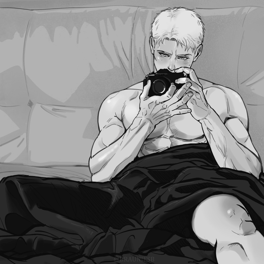 1boy bara blush brauniesb camera covering feet_out_of_frame greyscale highres holding holding_camera large_pectorals looking_at_viewer male_focus monochrome muscular muscular_male nude_cover on_bed pectorals reiner_braun selfie shingeki_no_kyojin short_hair shy sitting solo taking_picture topless_male under_covers