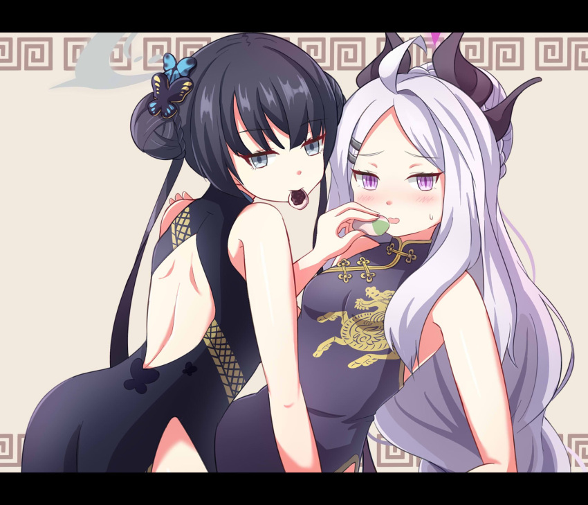 2girls ahoge alternate_costume arm_support ass back_cutout bent_over black_dress black_gloves black_hair blue_archive blush butterfly_hair_ornament china_dress chinese_clothes clothing_cutout commentary_request demon_girl demon_horns demon_wings double_bun dress eating embarrassed feeding food forehead from_behind gloves grey_shirt hair_between_eyes hair_bun hair_ornament hairclip halo head_tilt highres hina_(blue_archive) holding holding_food horns kisaki_(blue_archive) leaning_back long_hair looking_at_another looking_at_viewer mochi mouth_hold multiple_girls parted_bangs parted_lips ponytail print_dress purple_eyes shirt shoulder_boards side_slit sidelocks simple_background sleeveless sweatdrop twintails wavy_hair white_hair wings yukimi_unagi
