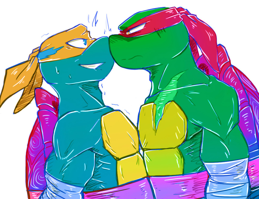 bandanna bodily_fluids duo eye_contact kerchief looking_at_another male male/male michelangelo_(tmnt) nervous nervous_smile raphael_(tmnt) reptile scalie simple_background ssminos sweat sweatdrop teenage_mutant_ninja_turtles turtle white_background