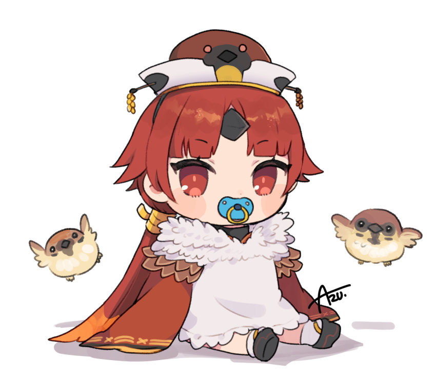 1girl apron azu_(kirara310) benienma_(fate) bird brown_eyes brown_hair chibi fate/grand_order fate_(series) highres long_hair low_ponytail pacifier signature sitting sparrow white_apron white_background wide_sleeves