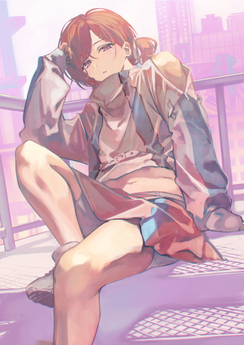 1girl arm_support brown_eyes brown_hair commentary_request foot_out_of_frame grate grey_footwear grey_jacket hand_up highres higuchi_madoka idolmaster idolmaster_shiny_colors jacket knee_up legs long_sleeves looking_at_viewer midriff mole mole_under_eye otsudou outdoors parted_lips pastel_colors pink_sky ponytail railing red_eyes shoes short_hair short_ponytail sitting skirt sky skyline sleeves_past_wrists sneakers solo