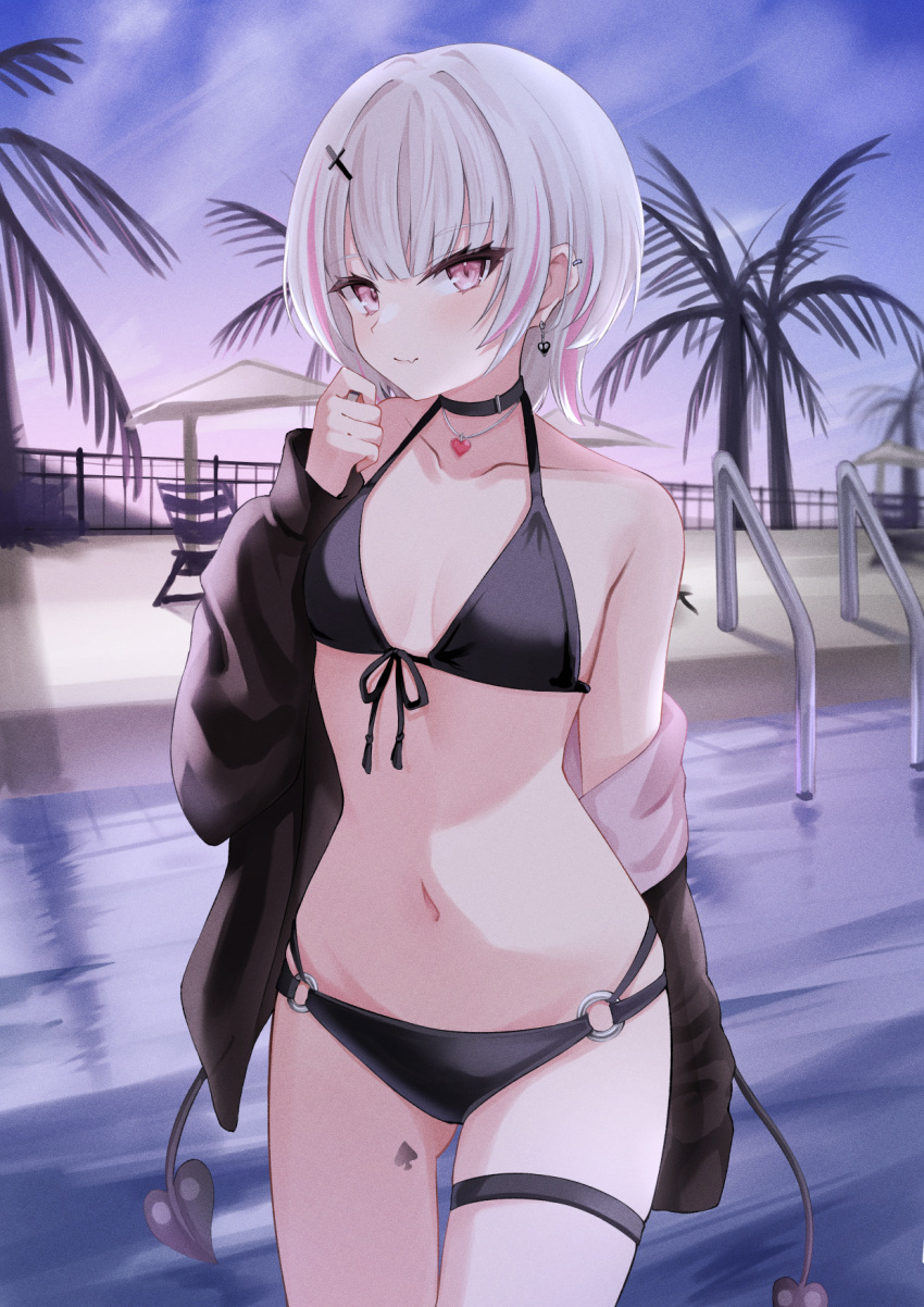 1girl asumi_sena beach_chair beach_umbrella bikini black_collar black_jacket breasts cloud collar cross_hair_ornament demon_tail ear_piercing earrings evening extra_tails fang front-tie_bikini_top front-tie_top grey_hair hair_ornament heart heart_necklace highres jacket jewelry karmq leg_tattoo long_sleeves looking_at_viewer multi-strapped_bikini_bottom multicolored_hair navel necklace o-ring o-ring_bikini off_shoulder open_clothes open_jacket outdoors palm_tree piercing pink_eyes pink_hair pool poolside skin_fang sky small_breasts spade_tattoo stomach streaked_hair swimsuit tail tattoo thigh_strap tree umbrella virtual_youtuber vspo! wolf_cut