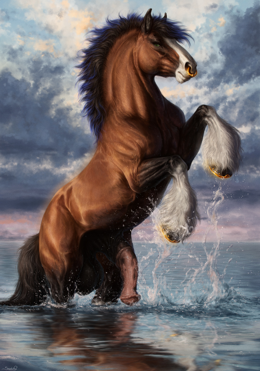 anatomically_correct anatomically_correct_genitalia anatomically_correct_penis animal_genitalia animal_penis balls big_balls black_hair brown_body brown_fur cloud detailed equid equine equine_genitalia equine_penis facial_piercing feathering feral fetlocks fur genitals hair half-erect hi_res hooves horse male mammal mane nose_piercing nose_ring on_hind_legs partially_submerged penis piercing realistic ring_piercing scarlanya sheath sky solo standing_in_water water wet