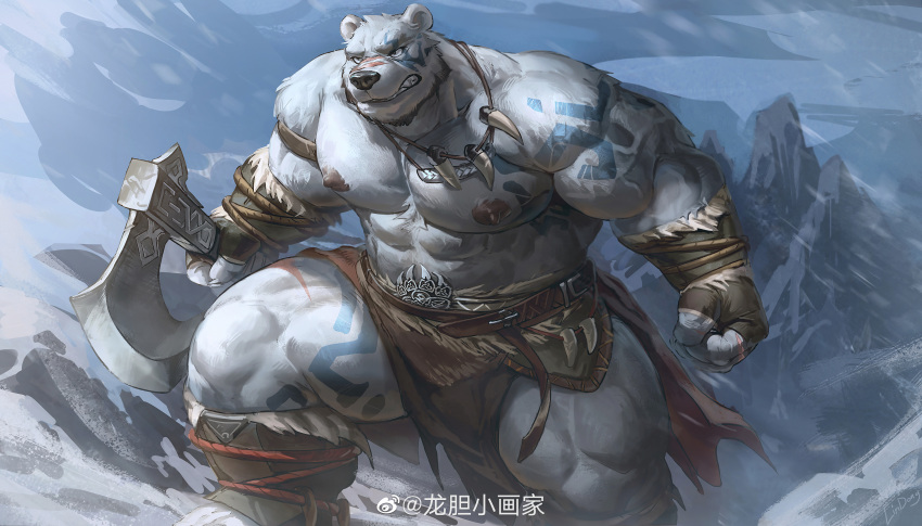 1boy abs absurdres animal_ears axe bara battle_axe bear_boy bear_ears beard facial_hair feet_out_of_frame frown furry furry_male highres holding holding_axe huge_pectorals legs_apart lindong loincloth looking_ahead male_focus mature_male mountain muscular muscular_male navel navel_hair nipples original pectorals pelvic_curtain polar_bear_(ursavorca) scar scar_on_face scar_on_nose short_hair snow solo stomach strongman_waist tattoo thick_eyebrows thick_thighs thighs topless_male tribal_tattoo weapon white_fur