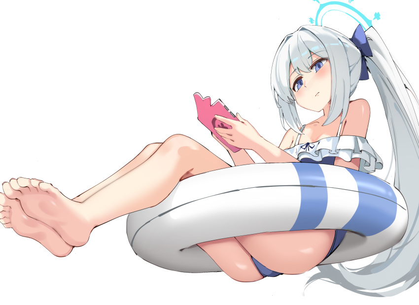 1girl barefoot blue_archive blue_bow blue_one-piece_swimsuit blush bow breasts cellphone closed_mouth feet frilled_one-piece_swimsuit frills grey_hair hair_bow halo highres holding holding_phone innertube legs long_hair miyako_(blue_archive) miyako_(swimsuit)_(blue_archive) official_alternate_costume one-piece_swimsuit phone simple_background simplecar small_breasts soles solo swimsuit toenails toes white_background