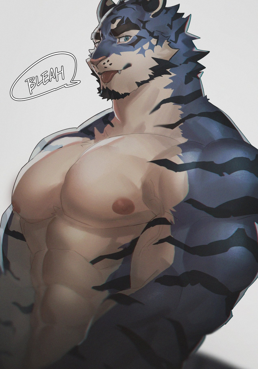 1boy :p abs bara blue_eyes blue_fur english_text facial_hair fangs from_side furry furry_male goatee highres large_pectorals looking_at_viewer male_focus mature_male muscular muscular_male neumo nipples nude original pectorals short_hair sideways_glance solo speech_bubble thick_eyebrows tiger_boy tongue tongue_out