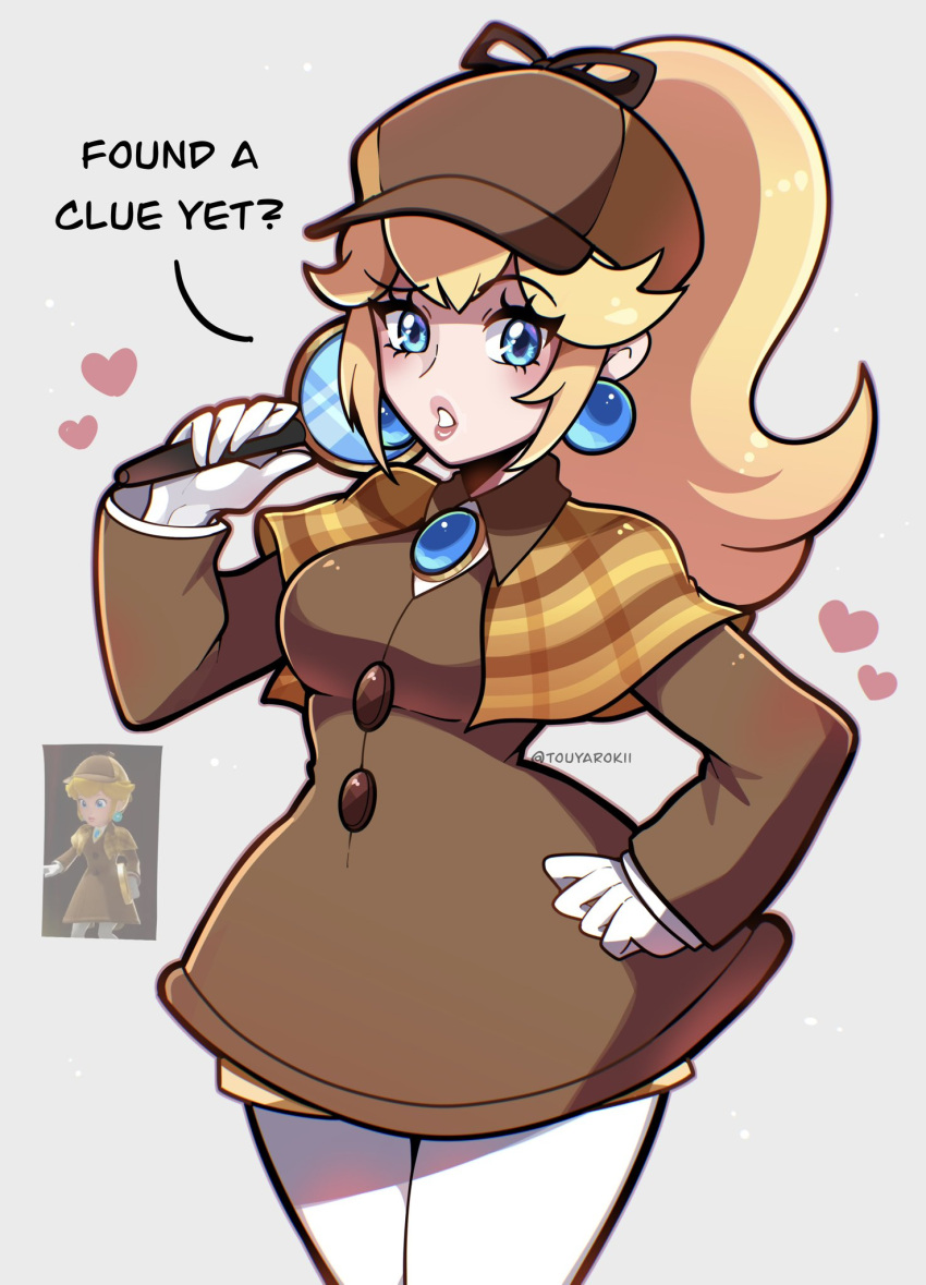 1girl artist_name blonde_hair brooch brown_coat brown_headwear coat deerstalker detective_peach earrings english_text game_screenshot_inset gloves grey_background hat highres holding holding_magnifying_glass jewelry long_hair looking_at_viewer magnifying_glass mario_(series) official_alternate_costume pants ponytail princess_peach princess_peach:_showtime! simple_background solo sphere_earrings touyarokii watermark white_gloves white_pants