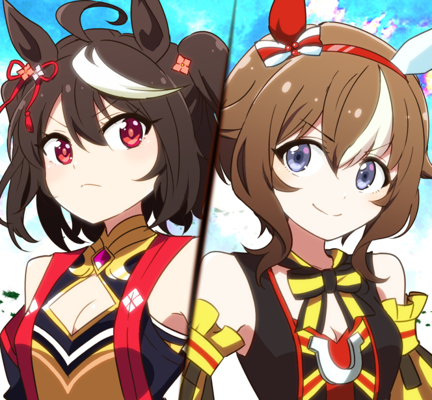 2girls ahoge animal_ears black_hair blue_eyes breasts brown_hair cleavage closed_mouth detached_sleeves hair_between_eyes hair_ornament headband horse_ears kidachi kitasan_black_(umamusume) looking_at_viewer medium_breasts medium_hair multiple_girls portrait red_eyes umamusume