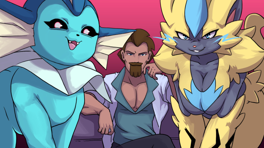 :3 anthro beard big_breasts black_body black_eyelashes black_fur black_nose black_pupils black_sclera blue_body blue_eyes blue_fur blue_skin breasts brown_beard brown_hair cheek_tuft cleavage clothed clothing eeveelution eyelashes facial_hair facial_tuft fangs female feral fin fur generation_1_pokemon generation_7_pokemon glistening glistening_eyes grin group hair hi_res humanoid_hands legendary_pokemon looking_at_viewer male multicolored_body multicolored_fur nintendo open_mouth open_smile pink_eyes pink_nose pink_tongue plagueofgripes pokemon pokemon_(species) pupils quadruped sitting smile tan_body tan_skin teeth teeth_showing tongue trio tuft vaporeon white_pupils yellow_body yellow_fur zeraora