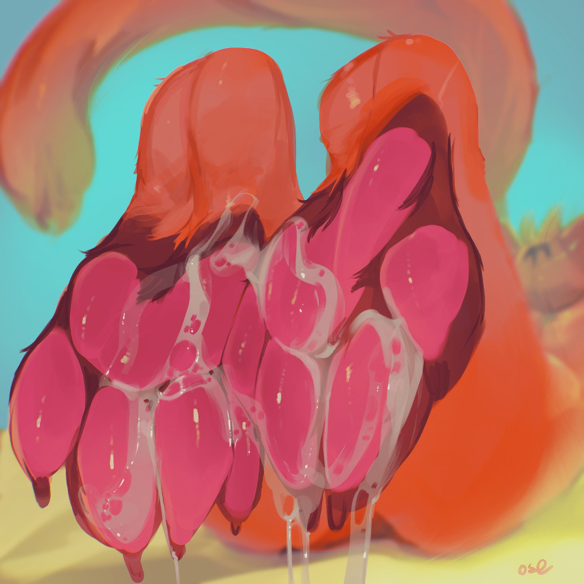 1:1 ambiguous_gender anthro bodily_fluids brown_body brown_claws brown_fur claws cum cum_on_feet cum_string depth_of_field faceless_ambiguous faceless_anthro faceless_character feet foot_focus fur genital_fluids glistening glistening_pawpads hi_res lying nude on_front orange_body orange_fur orange_tail oselotti oselotti_(character) paw_tuft pawpads red_pawpads signature solo tail