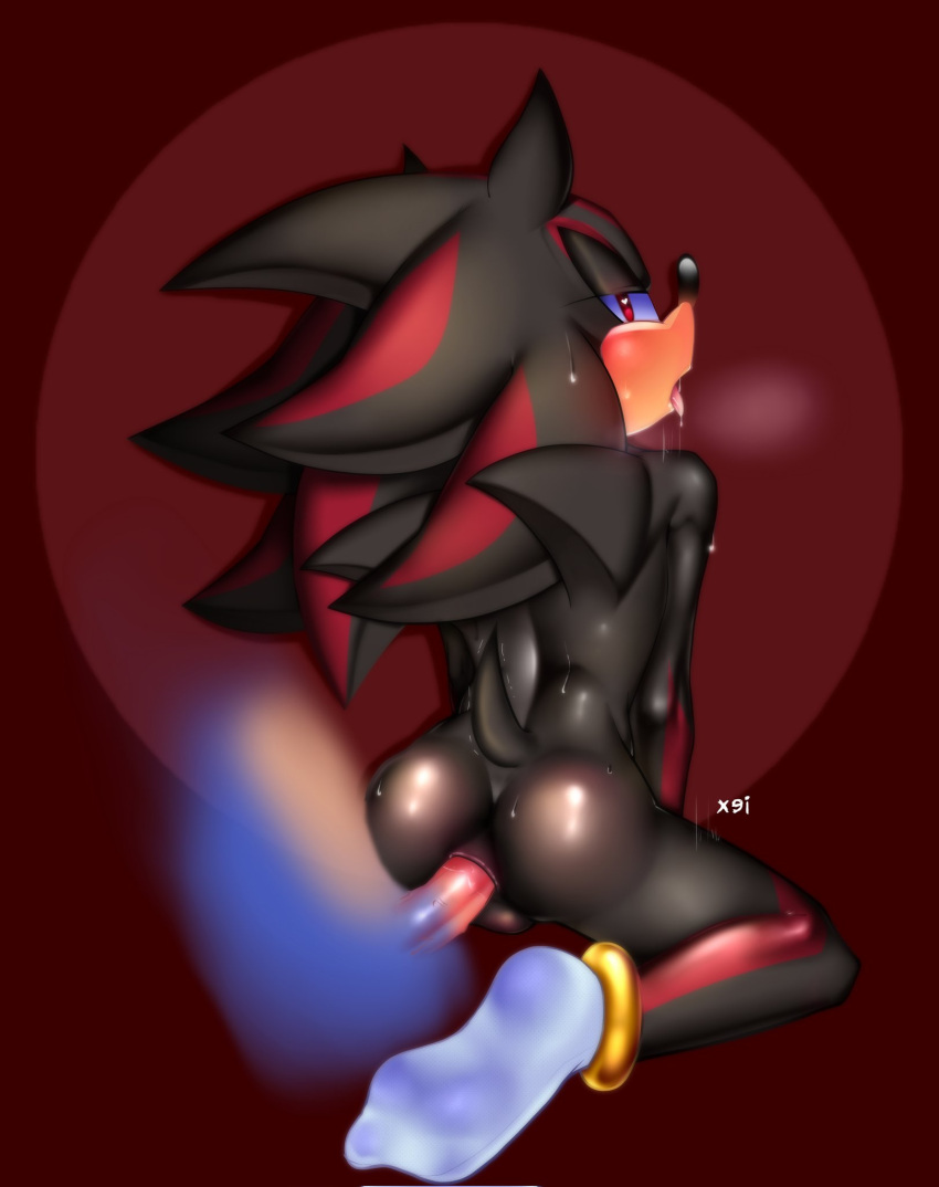 anal anthro anus bodily_fluids butt clothing duo footwear hi_res looking_back male male/male mephistoxei sega shadow_the_hedgehog socks sonic_the_hedgehog sonic_the_hedgehog_(series) sweat tongue tongue_out