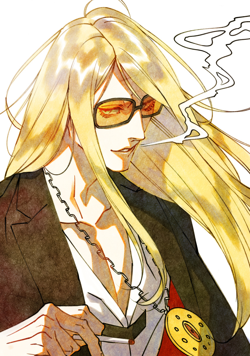 1boy black_jacket blonde_hair blue_eyes cigarette fate/grand_order fate_(series) highres holding holding_cigarette jacket jewelry kinoko1108 long_hair looking_at_viewer male_focus medallion necklace open_clothes open_jacket orange-tinted_eyewear shirt simple_background smile smoke smoking solo sunglasses tezcatlipoca_(fate) tinted_eyewear upper_body white_background white_shirt