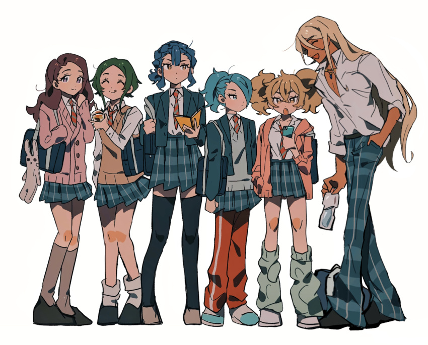 1boy 5girls :o :q ^_^ alternate_costume aqua_hair bag black_footwear black_thighhighs blonde_hair blue_eyes blue_hair blue_jacket book brown_eyes brown_footwear brown_hair brown_socks brown_sweater_vest cardigan closed_eyes closed_mouth collarbone collared_shirt dark-skinned_male dark_skin diagonal-striped_necktie dot_mouth drink fang full_body green_hair green_leg_warmers grey_sweater_vest grgrton gundam gundam_suisei_no_majo hair_between_eyes hair_over_one_eye hand_in_pocket henao_jazz holding holding_book holding_drink holding_phone hood hooded_jacket ireesha_plano jacket jewelry kneehighs knees_together_feet_apart leg_warmers long_hair long_sleeves looking_at_another looking_at_phone maisie_may multiple_girls necklace necktie off_shoulder open_clothes open_collar open_jacket open_mouth pants pants_under_skirt pectoral_cleavage pectorals phone pink_jacket plaid plaid_pants plaid_skirt pleated_skirt ponytail purple_eyes red_necktie red_pants renee_costa sabina_fardin school_bag school_briefcase school_uniform shaddiq_zenelli shirt shirt_partially_tucked_in shirt_tucked_in shoes short_hair short_hair_with_long_locks short_twintails sideways_glance simple_background skirt sleeves_past_wrists smile socks standing striped_necktie stuffed_animal stuffed_rabbit stuffed_toy sweater_vest thighhighs tongue tongue_out twintails very_long_hair white_background white_footwear white_shirt white_socks