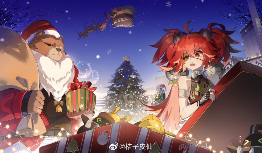 &gt;_&lt; 1boy 3girls @_@ ahoge anby_demara animal_ears armlet artist_name bangboo_(zenless_zone_zero) bare_shoulders bare_tree bear_boy bell ben_bigger black_gloves black_nails black_shirt blush body_fur bow box brown_fur building cavoblue chinese_commentary christmas christmas_lights christmas_tree claws closed_eyes closed_mouth collar collarbone commentary_request eyelashes eyepatch fake_animal_ears fake_beard fake_facial_hair fingerless_gloves fingernails flame_print flying_sweatdrops fur-trimmed_headwear fur_trim furry furry_male gift gift_box gloves green_bow hair_between_eyes hair_ornament hands_up hat highres holding holding_gift holding_sack jacket koleda_belobog long_hair long_sleeves looking_up metal_collar multiple_girls nail_polish nicole_demara night night_sky one_eye_covered open_clothes open_jacket open_mouth outdoors parted_bangs red_eyes red_hair red_headwear red_jacket reindeer sack santa_costume scar scar_across_eye sharp_teeth shirt sidelocks sky sleeveless sleeveless_shirt sleigh snowflakes snowing standing star_(symbol) sticker stuffed_animal stuffed_toy sweatdrop teddy_bear teeth tree twintails upper_teeth_only very_long_hair weibo_logo weibo_username zenless_zone_zero
