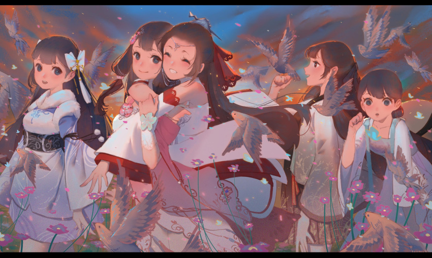 5girls :d :o ^_^ absurdres bare_shoulders bird bird_on_hand black_eyes black_hair blue_sky blunt_bangs brown_skirt chinese_clothes chinese_hairpin closed_eyes cowboy_shot detached_sleeves dress falling_petals flower forehead forehead_jewel fur-trimmed_dress fur_trim grin hair_ornament hair_pulled_back hair_stick hanfu head_chain highres hug hug_from_behind long_hair long_sleeves looking_ahead looking_at_viewer looking_down moonlight_blade multicolored_sky multiple_girls open_mouth orange_sky petals pleated_skirt purple_dress purple_flower shirt skirt sky smile very_long_hair walking white_shirt wide_sleeves yi_er_san