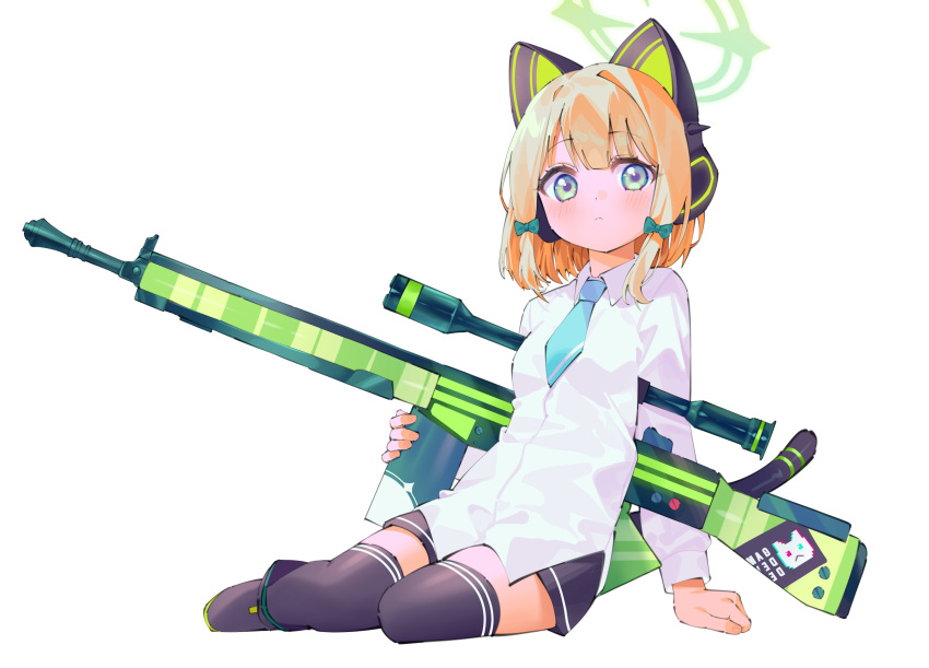 1girl absurdres animal_ear_headphones animal_ears aqua_necktie black_footwear black_shorts black_thighhighs blonde_hair blue_archive blush breasts cat_ear_headphones closed_mouth collared_shirt fake_animal_ears green_eyes gun halo headphones highres holding holding_gun holding_weapon long_sleeves looking_at_viewer midori_(blue_archive) necktie shirt shorts simple_background sitting small_breasts solo thighhighs weapon white_background white_shirt yu1_na12