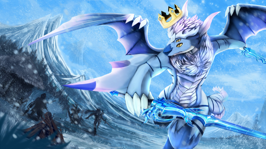 ambiguous_gender anthro blue_body blue_wings front_view group holding_object holding_sword holding_weapon kuttoyaki male melee_weapon membrane_(anatomy) membranous_wings mouth_closed outside running scales solo_focus sword weapon white_body white_scales wing_claws wings yellow_eyes yellow_sclera