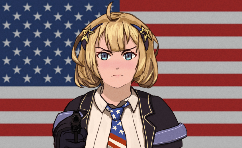 1girl absurdres ahoge aiming aiming_at_viewer american_flag american_flag_background american_flag_neckwear blonde_hair blue_eyes collared_shirt commentary english_commentary frown girls'_frontline gun hair_ornament handgun highres holding holding_gun holding_weapon jacket looking_at_viewer m1911 m1911_(girls'_frontline) m1911_(mod3)_(girls'_frontline) medium_hair necktie shirt solo star_(symbol) star_hair_ornament straight-on the_superweirdo upper_body weapon white_shirt
