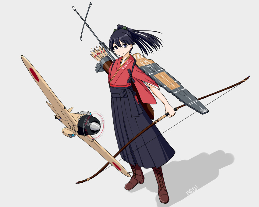 1girl absurdres adapted_costume aircraft aircraft_request airplane black_eyes black_hair black_hakama flight_deck full_body grey_background hakama highres houshou_(kancolle) japanese_clothes kantai_collection kimono pink_kimono ponytail quiver samusara shadow simple_background solo yumi_(bow)