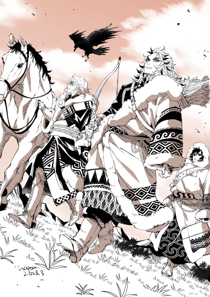 3boys alternate_costume animal arms_at_sides arrow_(projectile) bird bow_(weapon) colored_tips crow day dutch_angle facepaint facial_mark floating_hair forked_eyebrows fur_trim grass highres holding holding_bow_(weapon) holding_reins holding_weapon horse kimetsu_no_yaiba long_hair long_sleeves looking_at_viewer looking_away looking_to_the_side male_focus meadow medium_hair monochrome mountainous_horizon multicolored_hair multiple_boys nature nyapon orange_sky outdoors profile quiver reins rengoku_kyoujurou robe shoe_soles sky sleeves_past_wrists smile streaked_hair sword tomioka_giyuu traditional_clothes uzui_tengen walking weapon wide_sleeves wind