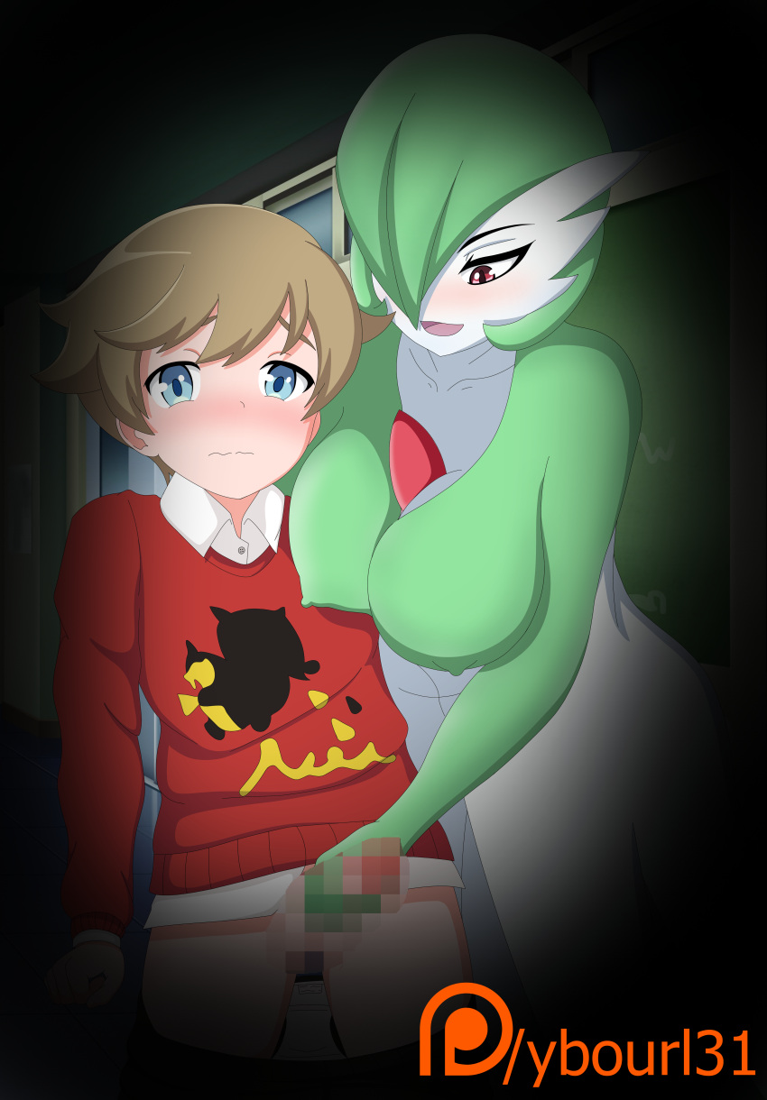 absurd_res big_breasts blush breasts censored digital_drawing_(artwork) digital_media_(artwork) duo embarrassed fairy female female_on_human gardevoir generation_3_pokemon genitals handjob hi_res human human_on_humanoid humanoid interspecies larger_female larger_humanoid looking_at_genitalia looking_at_penis male male/female male_on_humanoid mammal mosaic_censorship nintendo open_mouth open_smile pantsless patreon patreon_logo penile penis pokemon pokemon_(species) pokephilia school sex signature size_difference smaller_human smaller_male smile watermark ybourl31 youngster_(pokemon) youngster_(pokemon_sword_and_shield)