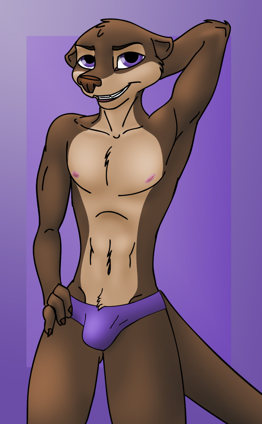 abs anthro athletic body_hair bulge clothing dizzyvixen hand_behind_head happy_trail hi_res juniper_(dizzyvixen) looking_at_viewer male mammal mustelid nipples otter pinup pose purple_eyes shirtless simple_background smile solo speedo swimwear