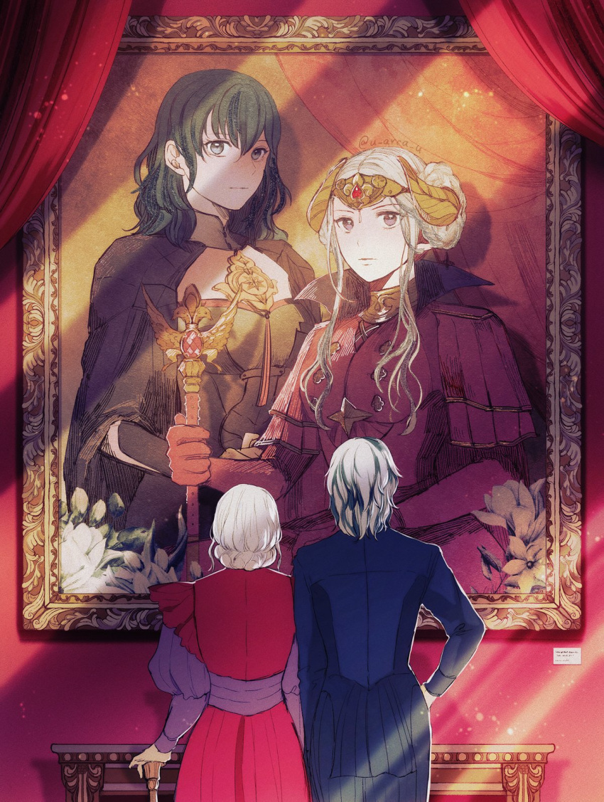 2girls aged_up blue_hair byleth_(female)_(fire_emblem) byleth_(fire_emblem) cane couple double_bun edelgard_von_hresvelg fake_horns fire_emblem fire_emblem:_three_houses from_behind grey_hair hair_bun highres horned_headwear horns light_rays looking_at_viewer multicolored_hair multiple_girls old old_woman portrait_(object) scepter sitting standing tiara two-tone_hair u_arca_u wife_and_wife yuri