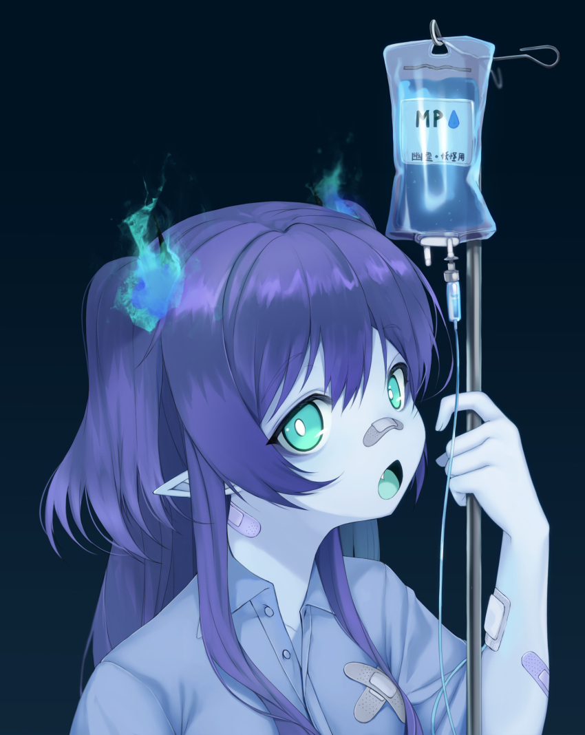 1girl bandaid bandaid_on_arm bandaid_on_clothes bandaid_on_face bandaid_on_neck bandaid_on_nose blouse blue_eyes blue_hair blue_skin blue_tongue collared_shirt colored_skin colored_tongue crossed_bandaids fang gradient_background highres hitodama holding intravenous_drip long_hair looking_at_viewer ompf open_mouth original partially_unbuttoned pointy_ears shirt simple_background solo traditional_youkai two_side_up