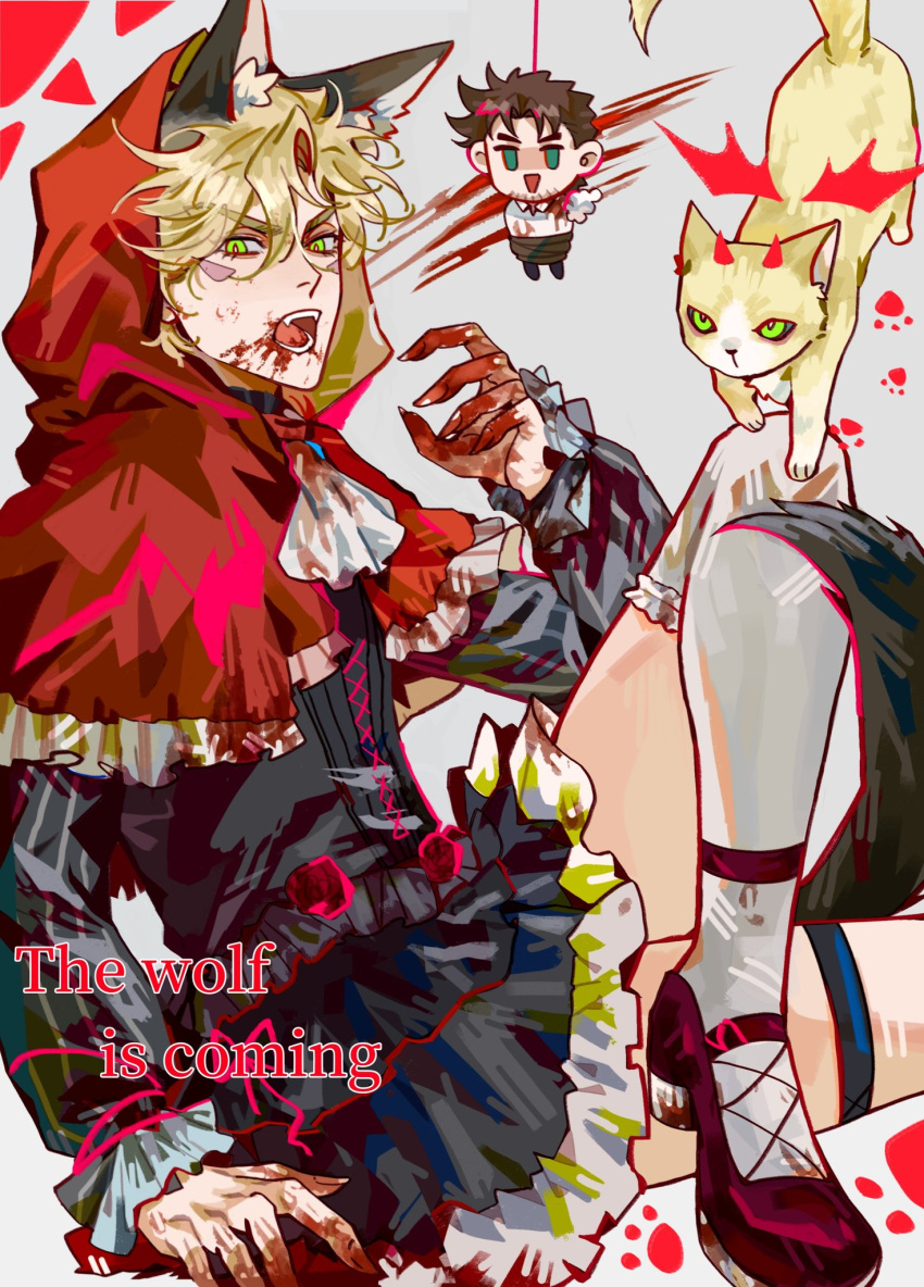 2boys animal_ears battle_tendency black_corset blonde_hair blood blood_on_clothes blood_on_face blood_on_hands bound brown_hair caesar_anthonio_zeppeli capelet cat chibi claws corset cosplay crossdressing dangling facial_hair facial_mark green_eyes highres jojo_no_kimyou_na_bouken joseph_joestar joseph_joestar_(young) kemonomimi_mode little_red_riding_hood_(grimm) little_red_riding_hood_(grimm)_(cosplay) male_focus multiple_boys red_capelet red_hood stubble tail thighhighs tied_up_(nonsexual) white_thighhighs wolf_ears wolf_tail zhoujo51