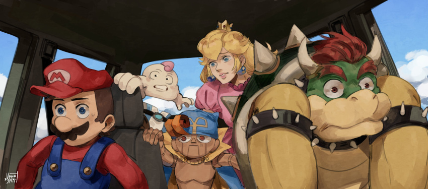 absurd_res animate_inanimate anthro big_hero_6 bowser car clothed clothing digital_media_(artwork) disney female geno_(mario) group hair hat headgear headwear hi_res human looking_shocked male mallow_(mario) mammal mario mario_bros nimbus_(mario) nintendo princess_peach scalie simple_background super_mario_rpg_legend_of_the_seven_stars vanasplity vehicle