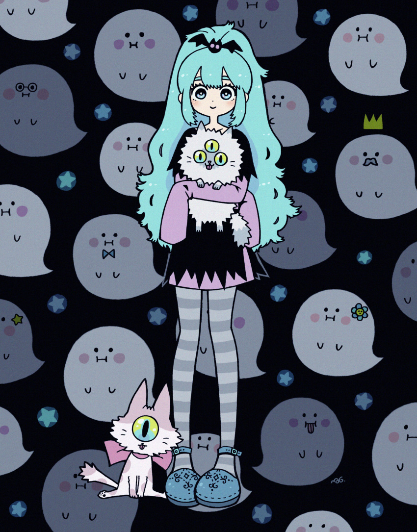 1girl aqua_hair bat_hair_ornament blue_eyes blue_flower blue_footwear bright_pupils cat cyclops extra_eyes flower garouma ghost hair_ornament highres layered_sleeves long_hair long_sleeves looking_at_viewer one-eyed original patterned_background ponytail shoes short_over_long_sleeves short_sleeves sleeves_past_fingers sleeves_past_wrists solo star_(symbol) very_long_hair white_pupils