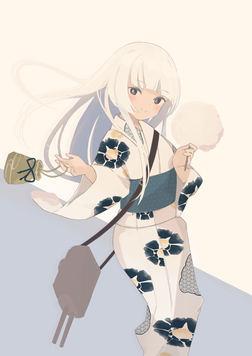 1girl absurdres adapted_costume bag blunt_bangs cotton_candy floral_print grey_eyes highres japanese_clothes kantai_collection kimono long_hair looking_at_viewer official_alternate_costume satchel satsuki_tooka shirakumo_(kancolle) solo white_hair white_kimono yukata