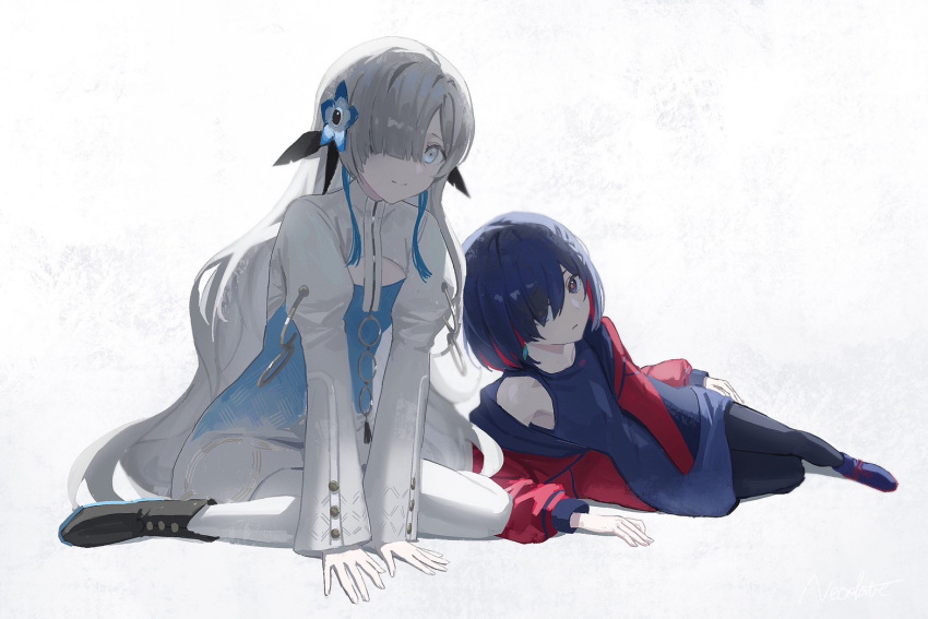 2girls arm_support black_pantyhose blue_dress blue_eyes blue_flower blue_hair boots cleavage_cutout closed_mouth clothing_cutout colored_inner_hair commentary diamond_earrings dress earrings expressionless flower full_body gradient_dress grey_eyes grey_hair hair_flower hair_ornament hair_over_one_eye isekai_joucho jacket jewelry juliet_sleeves kamitsubaki_studio light_smile long_hair long_sleeves looking_at_viewer lying multicolored_eyes multicolored_hair multiple_girls nekoreito o-ring off_shoulder on_side open_clothes open_jacket pantyhose puffy_sleeves reclining red_eyes red_hair red_jacket rim_(kamitsubaki_studio) short_dress short_hair shrug_(clothing) single_bare_shoulder sitting sleeveless sleeveless_dress spaghetti_strap streaked_hair symbol-only_commentary v_arms very_long_hair virtual_youtuber wariza wavy_hair white_background white_dress white_pantyhose white_sleeves yellow_pupils