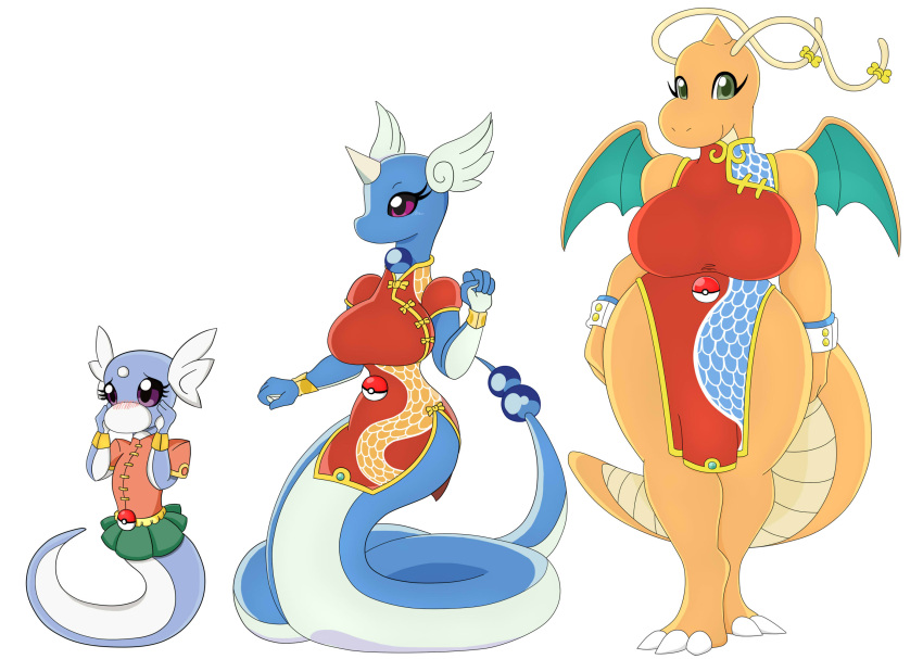 antennae_(anatomy) anthro armwear asian_clothing big_breasts blue_body bottomwear breasts chinese_clothing clothed clothing dragonair dragonite dratini east_asian_clothing female generation_1_pokemon green_eyes group hi_res horn huge_breasts legless nintendo orange_body pokeball pokemon pokemon_(species) purple_eyes shirt simple_background skirt tail topwear trio urusee584 white_background wings