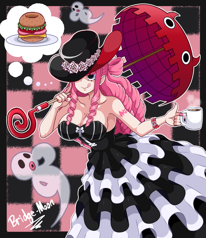 1girl absurdres artist_name bare_arms bare_shoulders black_dress black_eyes black_headwear breasts bridge-moon burger checkered_background cleavage coffee_cup cup disposable_cup dress drill_hair flower food ghost gothic_lolita hat hat_flower highres holding holding_cup holding_umbrella large_breasts lolita_fashion long_hair one_piece perona pink_hair plate rose signature smile thinking thought_bubble tongue tongue_out umbrella very_long_hair watermark white_flower white_rose