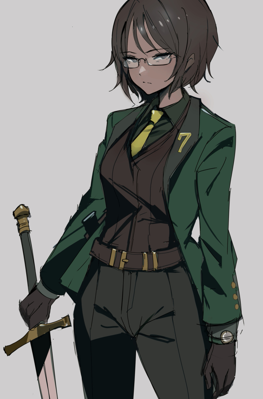 1girl belt black_gloves black_pants brown_belt brown_eyes brown_hair brown_vest chuhaibane closed_mouth collared_shirt cowboy_shot glasses gloves green_jacket green_shirt highres holding holding_sword holding_weapon jacket limbus_company long_sleeves looking_at_viewer neckerchief outis_(limbus_company) pants project_moon shirt short_hair simple_background solo sword vest weapon white_background yellow_neckerchief