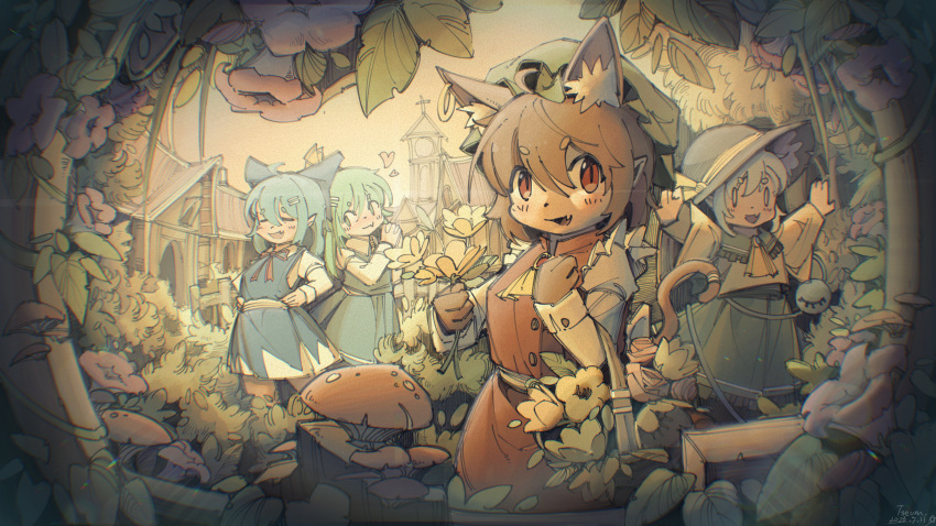 0_0 4girls :d absurdres ahoge animal_ear_fluff animal_ears arms_up ascot basket black_headwear blue_bow blue_dress blush bow brown_gloves brown_hair building bush cat_ears cat_tail chen chinese_commentary chireiden cirno closed_eyes commentary daiyousei dress earrings fang fence flower frilled_shirt_collar frilled_skirt frills gloves grass green_dress green_eyes green_hair green_headwear green_skirt hair_between_eyes hair_bow hands_on_own_hips hat hat_ribbon heart highres holding holding_basket holding_flower interlocked_fingers jewelry komeiji_koishi leaf long_hair long_sleeves looking_at_another looking_at_viewer mob_cap multiple_girls mushroom neck_ribbon open_mouth orange_flower outdoors own_hands_together palace plant pointy_ears red_eyes red_flower red_ribbon red_tabard ribbon shirt short_hair single_earring skin_fang skirt smile tabard tail third_eye tongue touhou tseum vines white_dress wide_sleeves yellow_ascot yellow_ribbon yellow_shirt