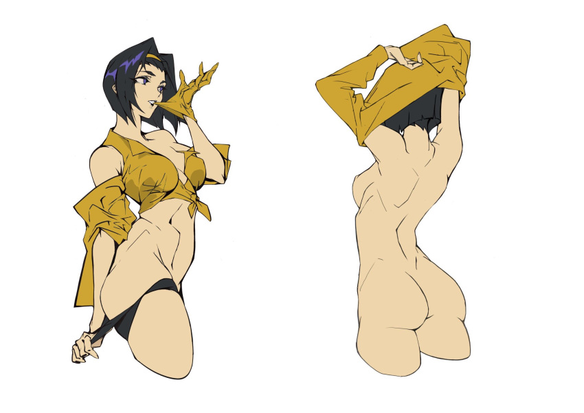 1girl ass black_hair black_panties breasts cleavage clothing_cutout cowboy_bebop faye_valentine from_behind front-tie_top gloves guiguz hairband headband highres lipstick makeup midriff multiple_views off_shoulder panties panty_pull red_lips short_hair shoulder_cutout simple_background underwear undressing white_background yellow_gloves yellow_hairband yellow_headband