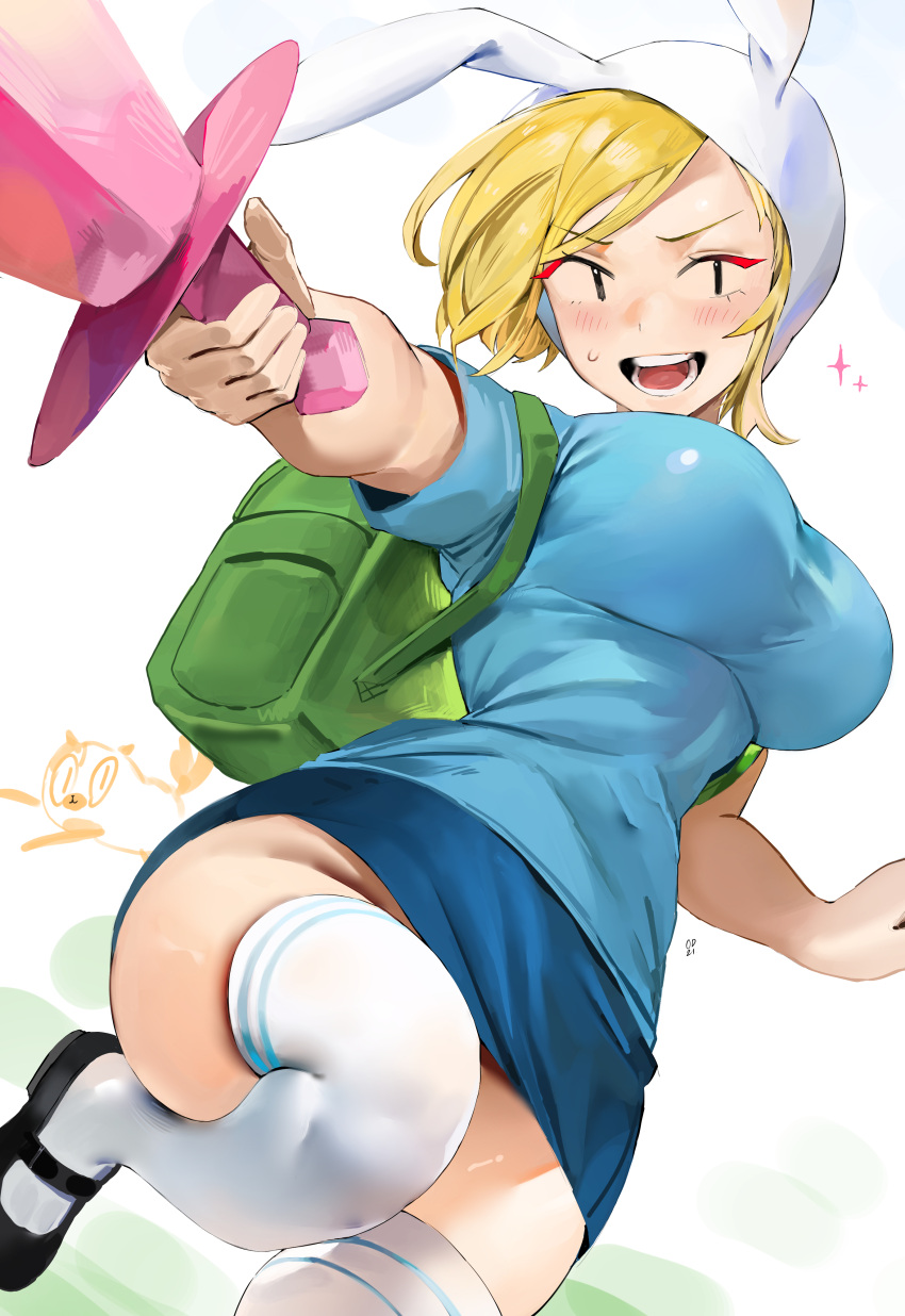 absurdres adventure_time:_fionna_and_cake backpack bag blonde_hair blue_shirt blue_skirt breasts cake_(adventure_time:_fionna_and_cake) fionna_campbell green_bag highres holding holding_sword holding_weapon kneehighs large_breasts no_panties odyssey_21 shirt short_sleeves skirt socks sword weapon