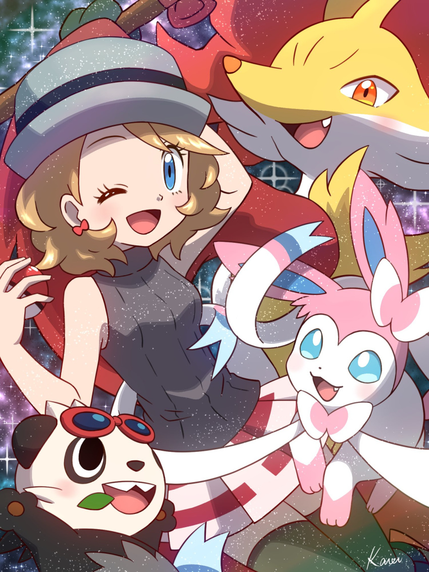 1girl ;d blonde_hair blue_eyes delphox earrings eyewear_on_head hat highres holding holding_poke_ball jewelry looking_at_viewer one_eye_closed open_mouth pancham poke_ball pokemon pokemon_(anime) pokemon_(creature) pokemon_journeys serena_(pokemon) shirt short_hair skirt sleeveless sleeveless_shirt smile sylveon thighhighs umippuu_(crystal_pk314)