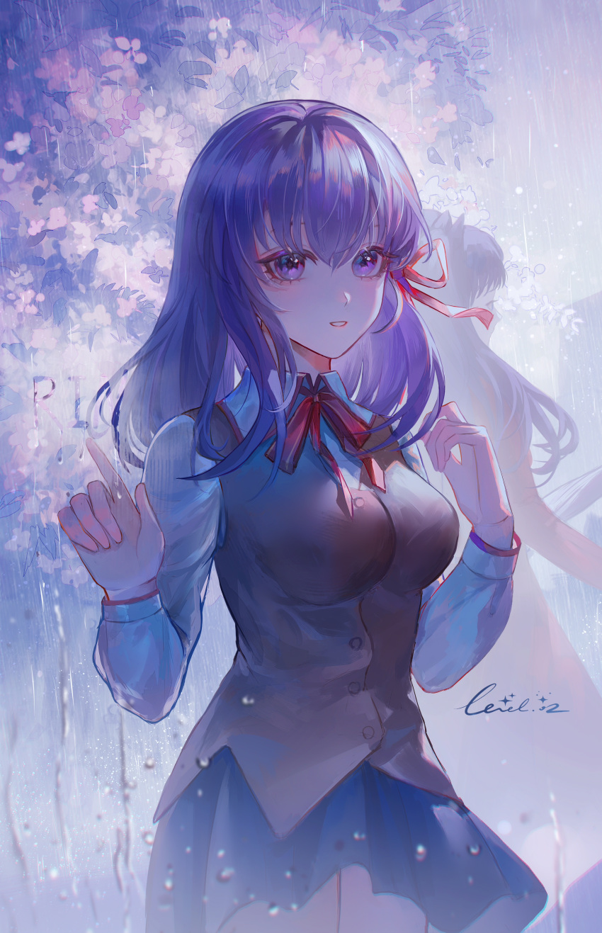 1girl absurdres black_skirt breasts cherry_blossoms fate/stay_night fate_(series) hair_ribbon highres homurahara_academy_school_uniform large_breasts level02 looking_at_viewer matou_sakura purple_eyes purple_hair ribbon school_uniform skirt uniform