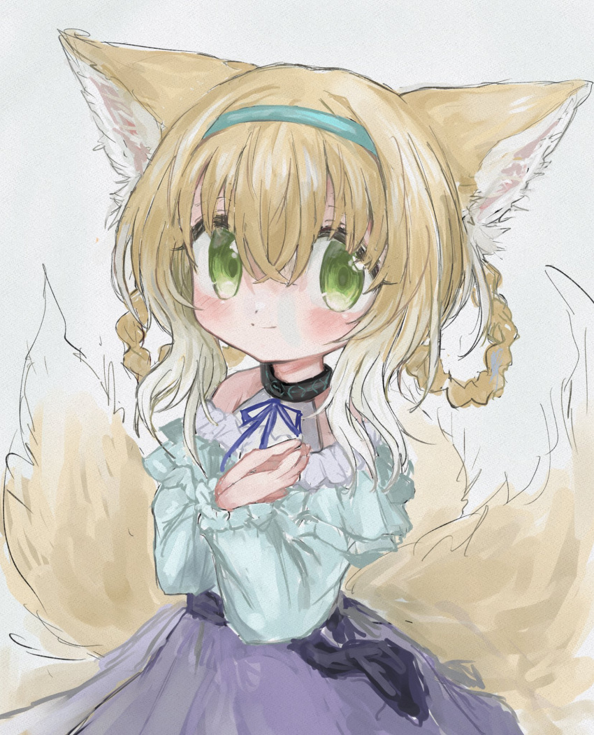 1girl animal_ear_fluff animal_ears arknights bare_shoulders black_collar blonde_hair blue_hairband blue_shirt blush braid braided_hair_rings closed_mouth clothing_cutout collar colored_tips cowboy_shot fox_ears fox_girl fox_tail hair_between_eyes hair_rings hairband highres infection_monitor_(arknights) kitsune kyuubi long_sleeves looking_at_viewer multicolored_hair multiple_tails own_hands_together purple_skirt reitoubeef shirt short_hair shoulder_cutout simple_background skirt solo suzuran_(arknights) tail twin_braids upper_body white_background white_hair