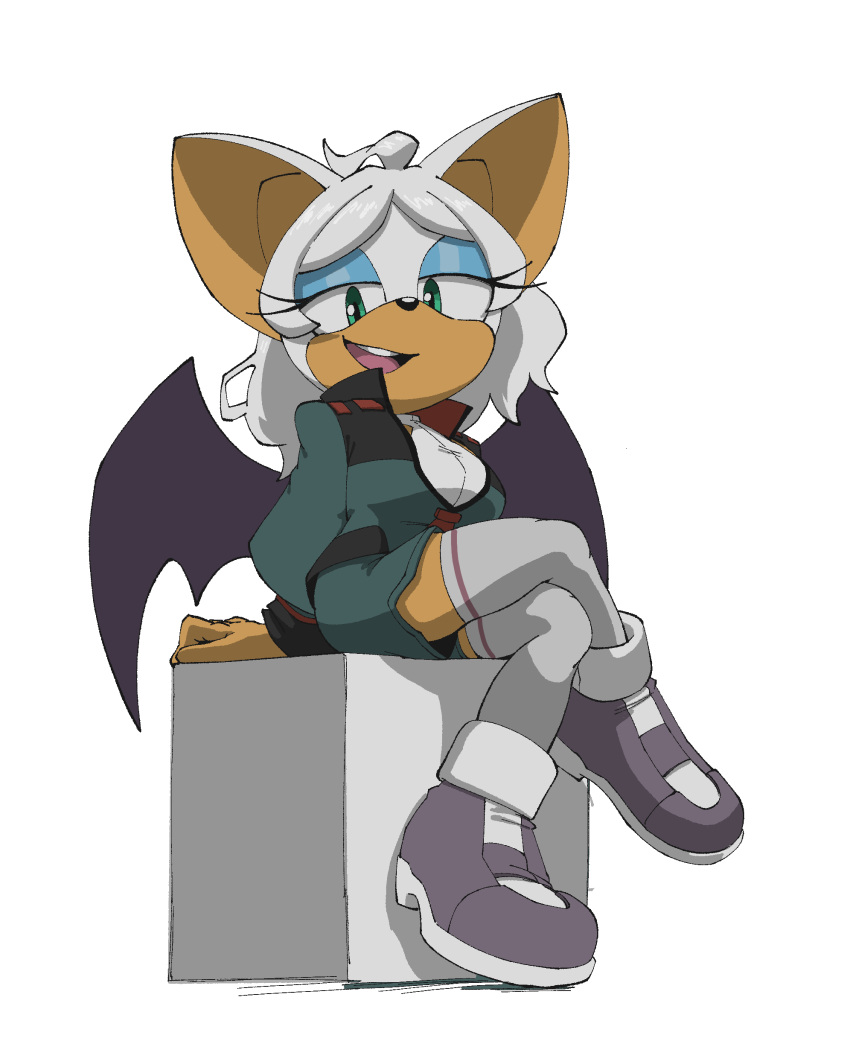 1girl absurdres animal_ears animal_nose asticassia_school_uniform bat_ears bat_girl bat_wings blue_eyes blue_eyeshadow english_commentary eyeshadow full_body furry furry_female green_jacket green_shorts grey_footwear gundam gundam_suisei_no_majo highres jacket lazerpotaters long_hair long_sleeves looking_at_viewer makeup open_mouth rouge_the_bat school_uniform secelia_dote shirt shoes short_shorts shorts simple_background sitting smile solo sonic_(series) thighhighs white_background white_fur white_hair white_shirt white_thighhighs wings