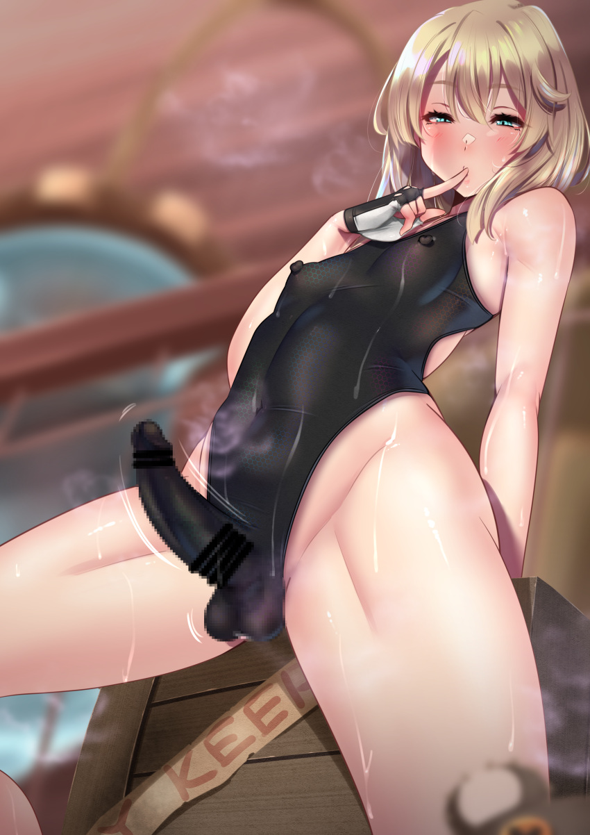 1boy absurdres andou_you aqua_eyes bar_censor black_gloves black_one-piece_swimsuit blonde_hair blurry blurry_background blush bridget_(guilty_gear) bulge censored competition_swimsuit covered_nipples covered_penis cowboy_shot crate finger_to_mouth fingerless_gloves gloves guilty_gear guilty_gear_strive hair_between_eyes highleg highleg_swimsuit highres impossible_clothes impossible_swimsuit male_focus mosaic_censoring motion_lines one-piece_swimsuit otoko_no_ko solo steam swimsuit two-tone_gloves wet wet_clothes wet_swimsuit