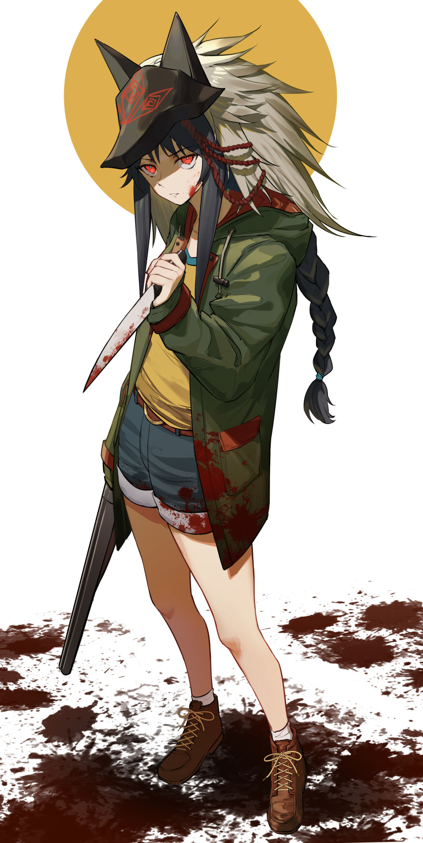 1girl absurdres black_hair blood blood_on_clothes blood_on_knife blue_shorts braid brown_background brown_footwear commentary_request copyright_request double-barreled_shotgun drawstring full_body green_jacket gun highres holding holding_knife hood hood_down hooded_jacket jacket knife long_hair looking_at_viewer mask mask_on_head multicolored_hair open_clothes open_jacket parted_lips red_eyes shirt shoes short_shorts shorts shotgun single_braid socks solo standing two-tone_background two-tone_hair v-shaped_eyebrows vchan very_long_hair weapon white_background white_socks yellow_shirt