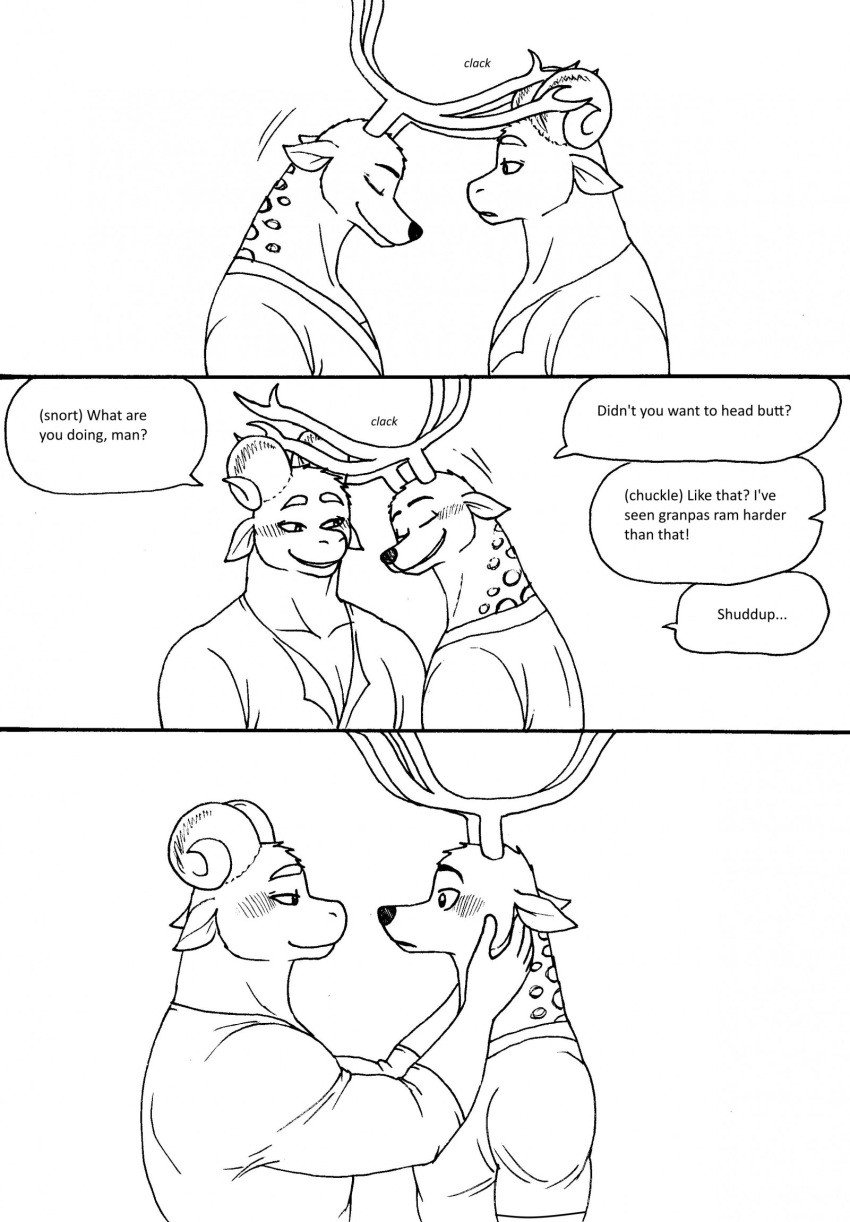 2023 5_fingers anthro anthro_on_anthro antlers bernielover bernielover's_college_au blush bovid caprine clothed clothing comic deer devon_(bernielover) dialogue duo english_text eyes_closed fingers fur hand_on_face headbutt hi_res horn humanoid_hands male male/male mammal monochrome muscular muscular_anthro muscular_male shirt smile speech_bubble spots spotted_body spotted_fur tail text topwear whitney_(bernielover)