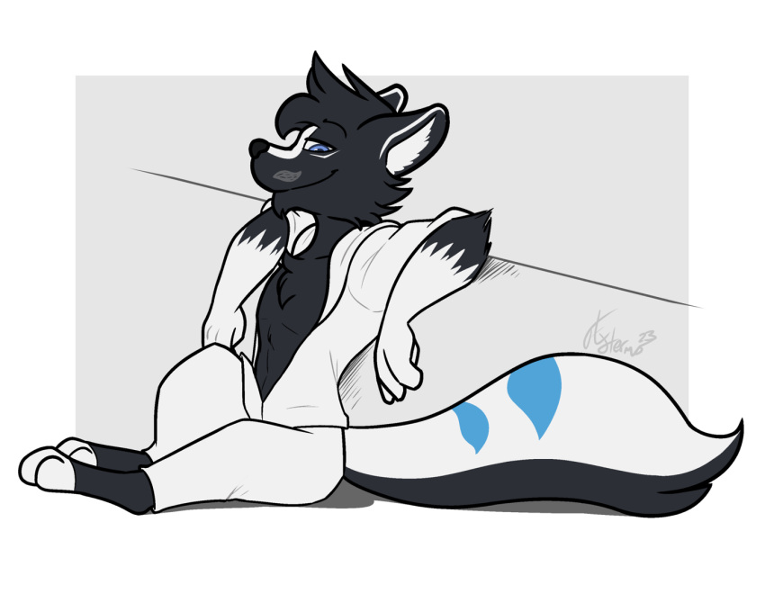 anthro clothed clothing flytermo2 male mammal mephitid mr._olive open_clothing open_shirt open_topwear sailor_uniform shirt simple_background sitting skunk solo tail topwear