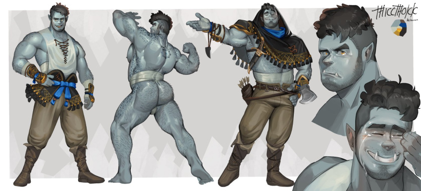 1boy alternate_costume arm_hair armpit_hair armpit_hair_peek armpit_peek arrow_(projectile) ass ass_hair axe back_hair back_tattoo baggy_pants bandaged_arm bandages bara beard beard_stubble biceps black_hair blue_skin blush body_freckles boots brown_footwear bulge_peek chivo_(kalchivo) clenched_hand closed_eyes colored_skin commission covered_abs cropped_shoulders cross-laced_slit dagger facial_hair facing_viewer flexing flexing_ass freckles from_behind frown full_body grin hairy happy_tears highres holding holding_axe hood hood_up huge_ass knife large_pectorals leather leather_boots leg_hair legs_apart loincloth looking_at_viewer looking_to_the_side male_focus mature_male midriff_sarashi monster_boy multiple_views muscular muscular_male mustache_stubble open_mouth orc original outstretched_arm outstretched_arms pants pectoral_cleavage pectorals plump pointy_ears quiver raised_eyebrow sarashi second-party_source sheath sheathed shirt short_hair sidepec sleeveless sleeveless_shirt smile smug spread_arms strongman_waist stubble tachi-e tattoo tears thicc_thokk_(jpsr388) thick_eyebrows thick_neck thick_thighs thighs topless_male tusks u_u undercut underwear underwear_only vambraces weapon white_background white_shirt wiping_tears